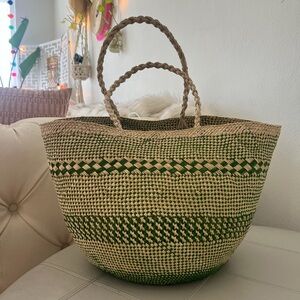 Green and Tan Woven Tote Bag